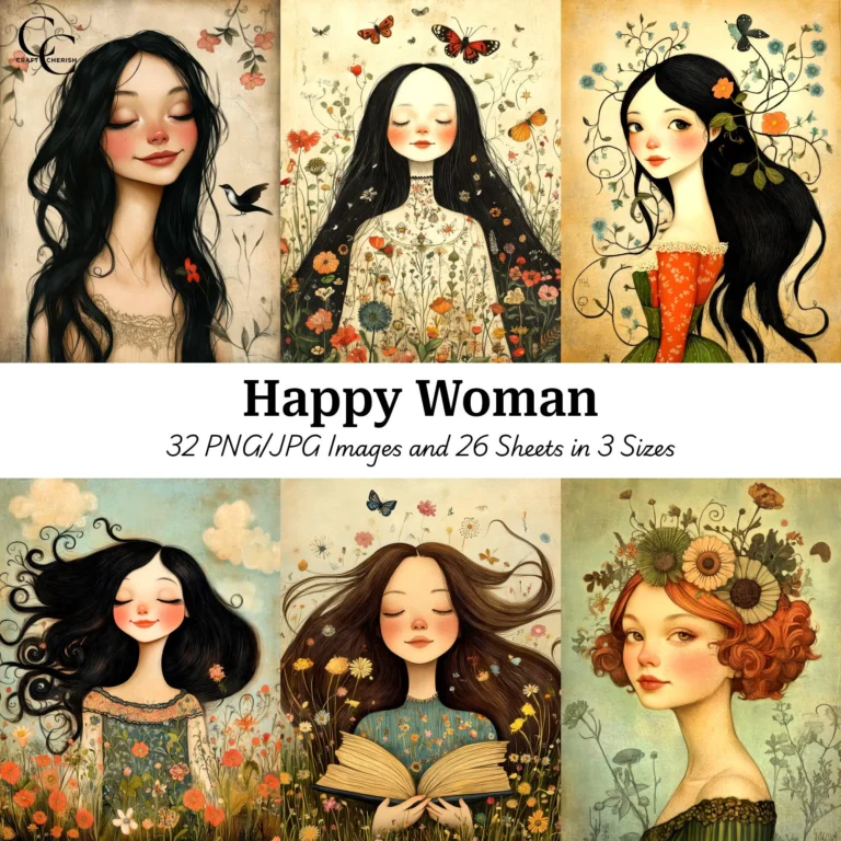 Whimsical Happy Woman Images, Folk Art Girl Portraits, High Quality Instant Digital Download for Papercraft, Junk Journals, and Scrapbooks