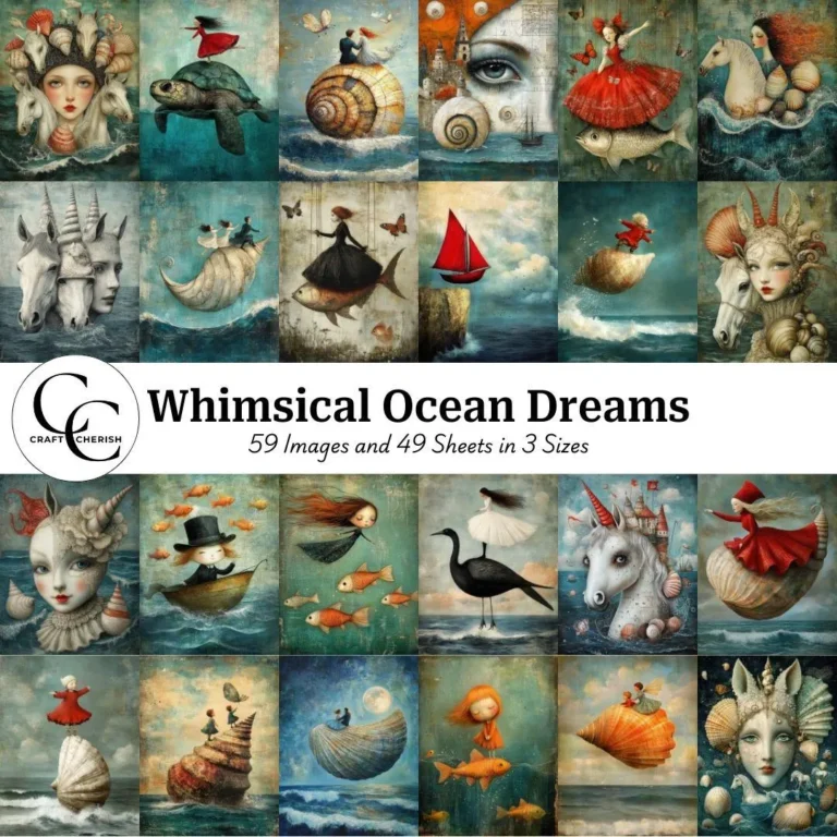 Whimsical Ocean Dream Printable Images, Surreal Sea Girl & Shell-Themed High Quality Digital Download Art for Junk Journals and Scrapbooks