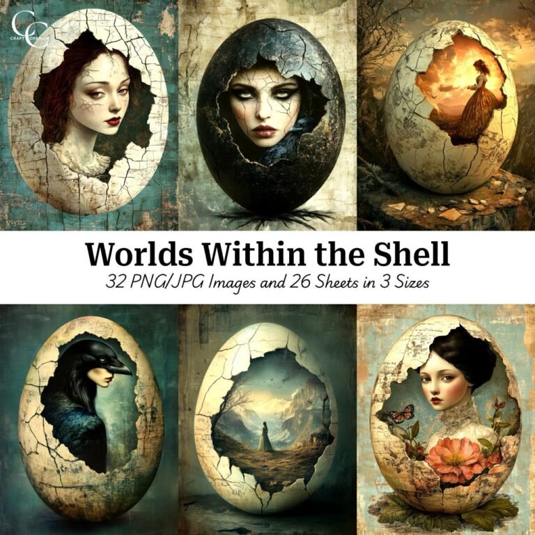 Worlds Within the Shell – Whimsical Magical Egg Illustrations, High Quality Digital Download for Papercraft, Junk Journals, and Scrapbooks