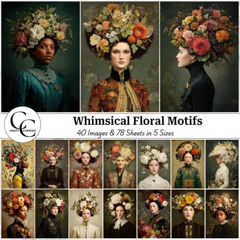 40 Surreal Floral Portrait Images, Edwardian Woman Clipart for Junk Journals, Scrapbooking, Collage Sheets, Digital Download