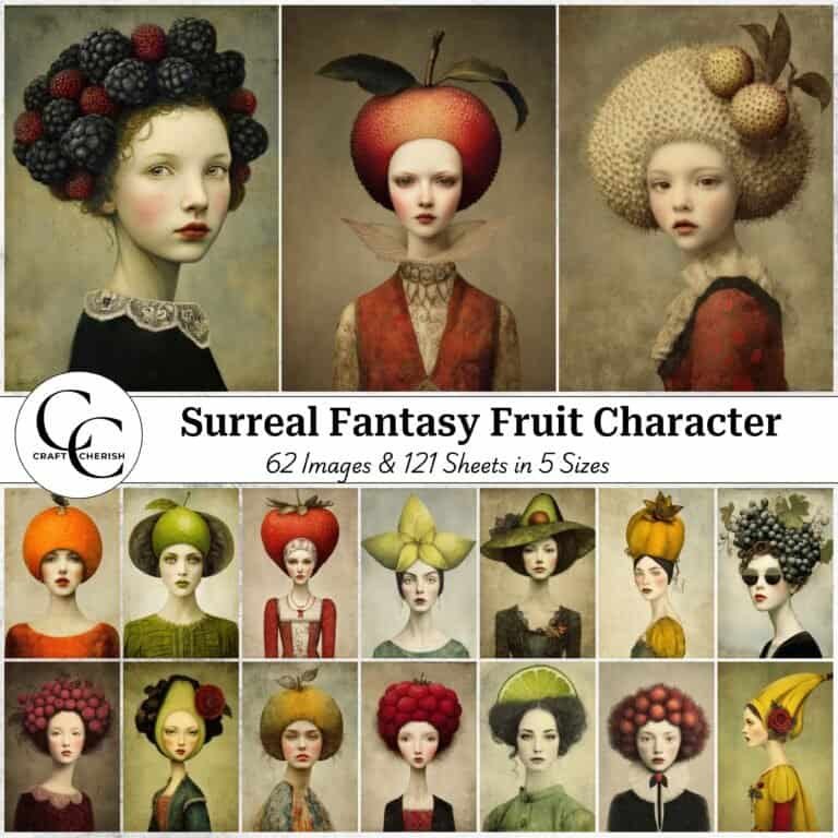 62 Surreal Fruit Portraits, Whimsical Fantasy Characters for Junk Journals, Scrapbooking, Printable Collage Sheets