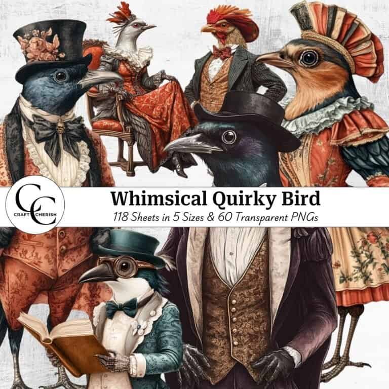 60 Quirky Whimsical Bird Clipart, Mixed Media Birds in Fancy Outfits, Fussy Cut PNGs for Junk Journals & Collage