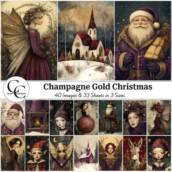 40 Champagne Gold Christmas Images – Surreal Luxury Holiday Art for Junk Journals