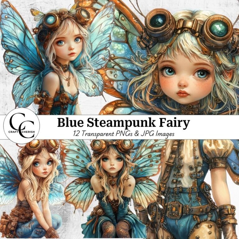 12 Blue Steampunk Fairy Clipart, High-Quality Printable Watercolor Fairies for Junk Journals, Scrapbooks & Crafts