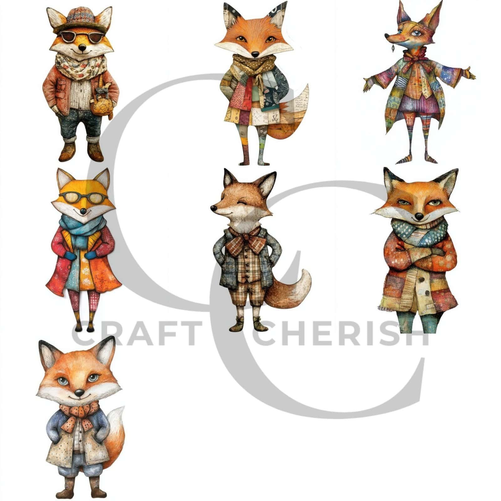 16 Whimsical Fox Portraits, Quirky Mixed-Media Vintage Ephemera PNGs ...