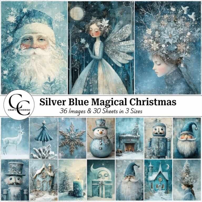 36 Frosty Silver Blue Magical Christmas Images, Surreal Snowy Winter, Winter Wonderland Illustrations for Scrapbooking, Journals & Papercrafts