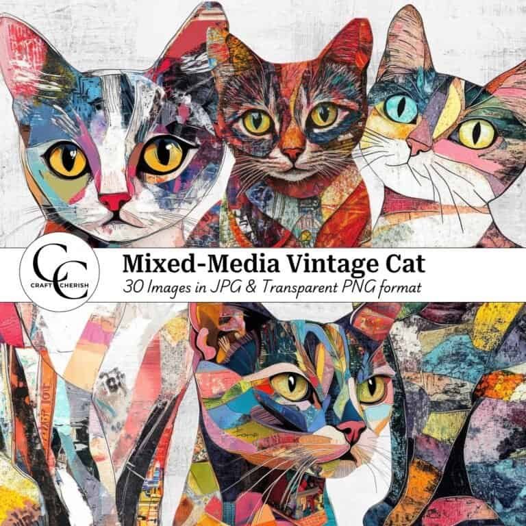 30 Mixed-Media Cat Portrait Illustrations, High Quality Digital Vintage Ephemera Sheets with Transparent Fussy Cut PNGs for Junk Journals & Paper Crafts