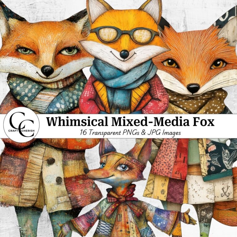 16 Whimsical Fox Portraits, Quirky Mixed-Media Vintage Ephemera PNGs, Transparent Fussy Cut Digital Download for Junk Journaling & Crafts