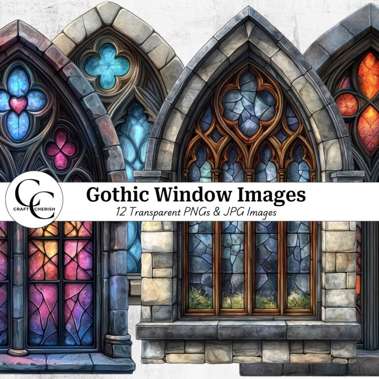 12 Gothic Window Images, Printable Watercolor Gothic Architecture for Junk Journals, Scrapbooking & Papercrafts
