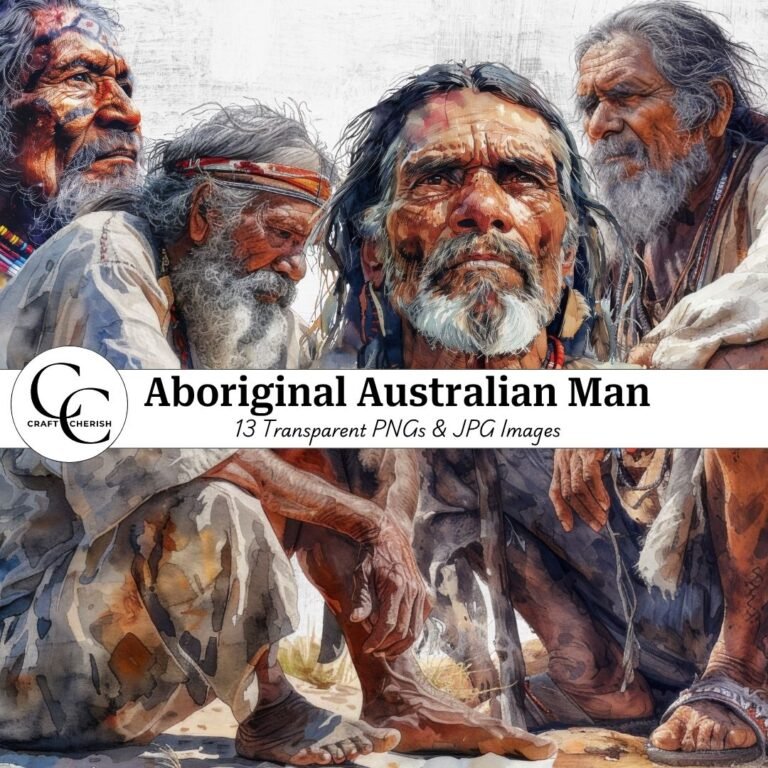 13 Aboriginal Australian Man Images, Indigenous Native Australian, Watercolor Portraits for Scrapbooking, Papercrafts, Junk Journals & Digital Downloads