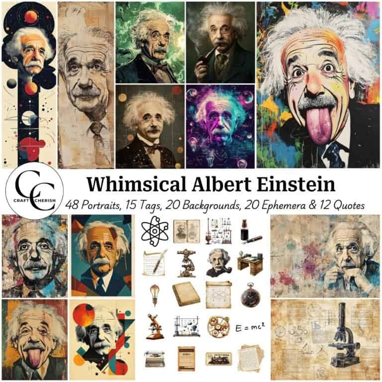 103 Whimsical Albert Einstein Images, Genius Physicist Digital Art Portrait, Landscape Images, Tags for Junk Journal, Scrapbook, & Paper Crafts, Digital Download