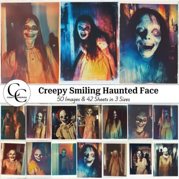 50 Creepy Haunted Smiling Face Photos – Polaroid-Style Digital Download for Junk Journals