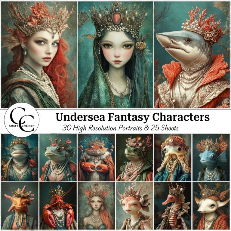 30 Whimsical Ocean Royalty Illustrations, Undersea Fantasy Ephemera, High-Quality Digital Download for Junk Journals, Scrapbooks & Crafts