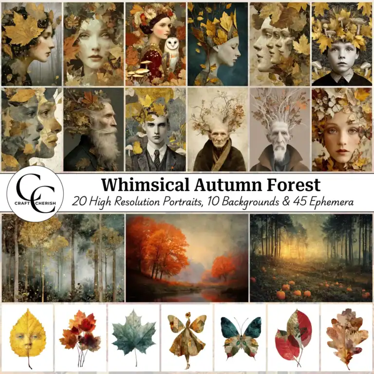Whimsical Autumn Forest People – Fall Ephemera & Printable Backgrounds for Junk Journals