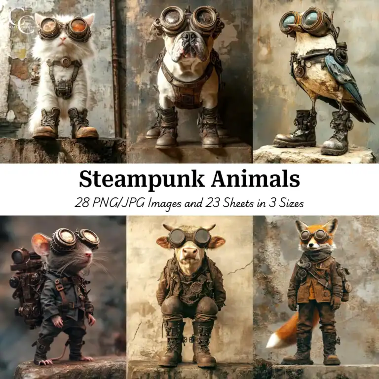 Steampunk Animal Portraits – Mechanical Fantasy Printable Art for Junk Journals & Scrapbooking