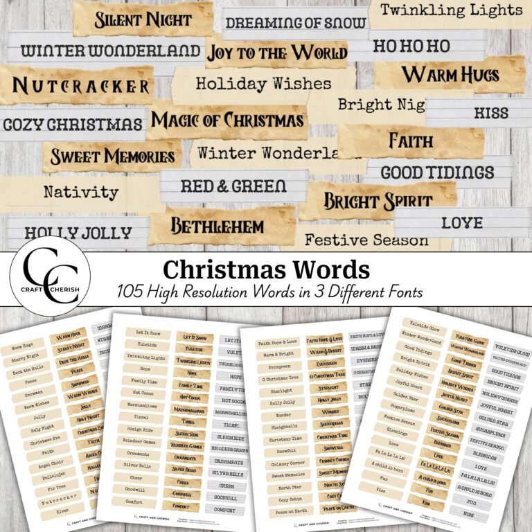 Christmas Words & Phrases – Vintage Printable Labels, Holiday Word Cutouts for Scrapbooking, Cardmaking & Junk Journals