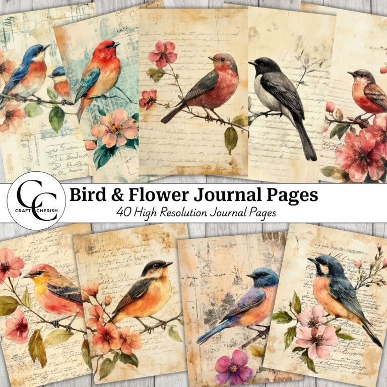 Vintage Birds & Flowers Printables – Journal Pages and Ephemera for Crafting (Digital Download)