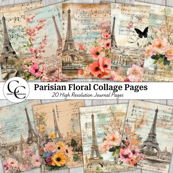 Parisian Floral Collage Pages – Vintage Printable Ephemera for Scrapbooking & Paper Crafts