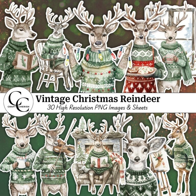 Vintage Christmas Reindeer Printables – Grey Reindeer in Green Sweaters, Watercolor Fussy Cut Images (Digital Download)