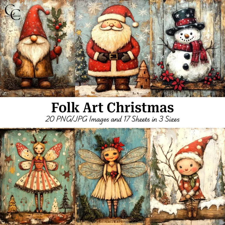 Folk Art Christmas Printables – Vintage Santa, Fairies & Snowman Ephemera for Junk Journals (Digital Download)