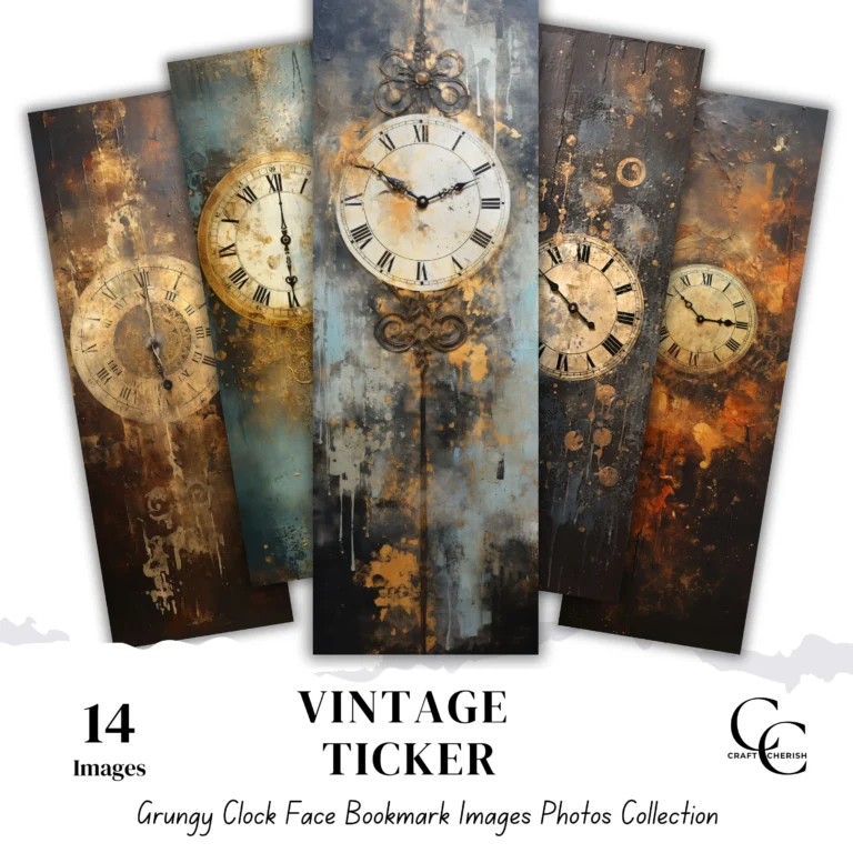 Grungy Vintage Clock Face Bookmark Printables – Textured Ephemera Art, Digital Download for Journals