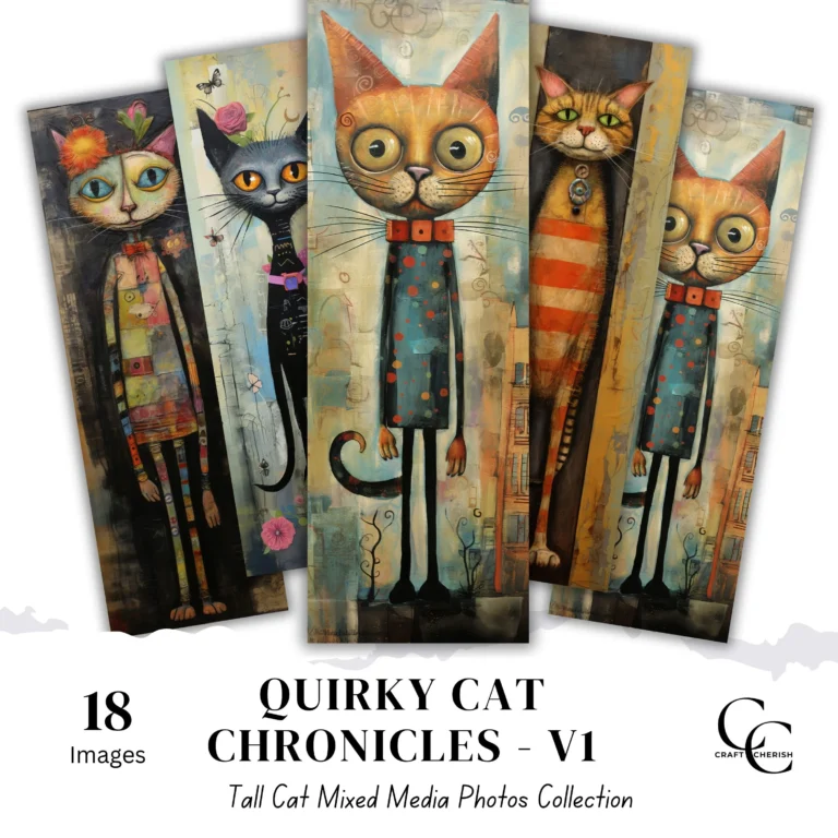 Quirky Cat Bookmark Printable Images – Mixed Media Art, Digital Download for Journals & Scrapbooking