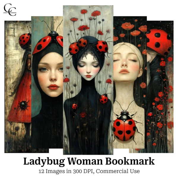 Ladybug Woman Bookmark Printable Images – Whimsical Girl Face Art