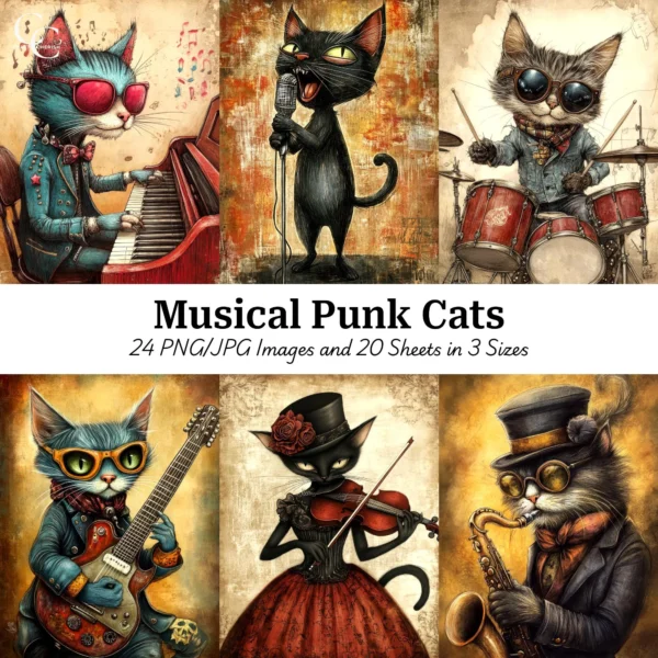Musical Punk Cats Printable Art – Whimsical Junk Journal & Scrapbook Digital Download