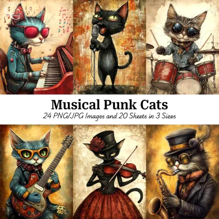 Musical Punk Cats Printable Art – Whimsical Junk Journal & Scrapbook Digital Download