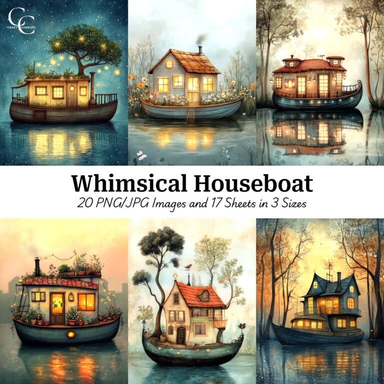 Whimsical Boathouse Printable Art – Vintage Junk Journal & Scrapbook Digital Download
