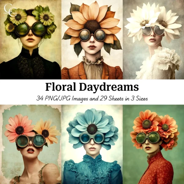 Flower Head Portrait Printable Images – Surreal Woman Art Digital Download for Junk Journals