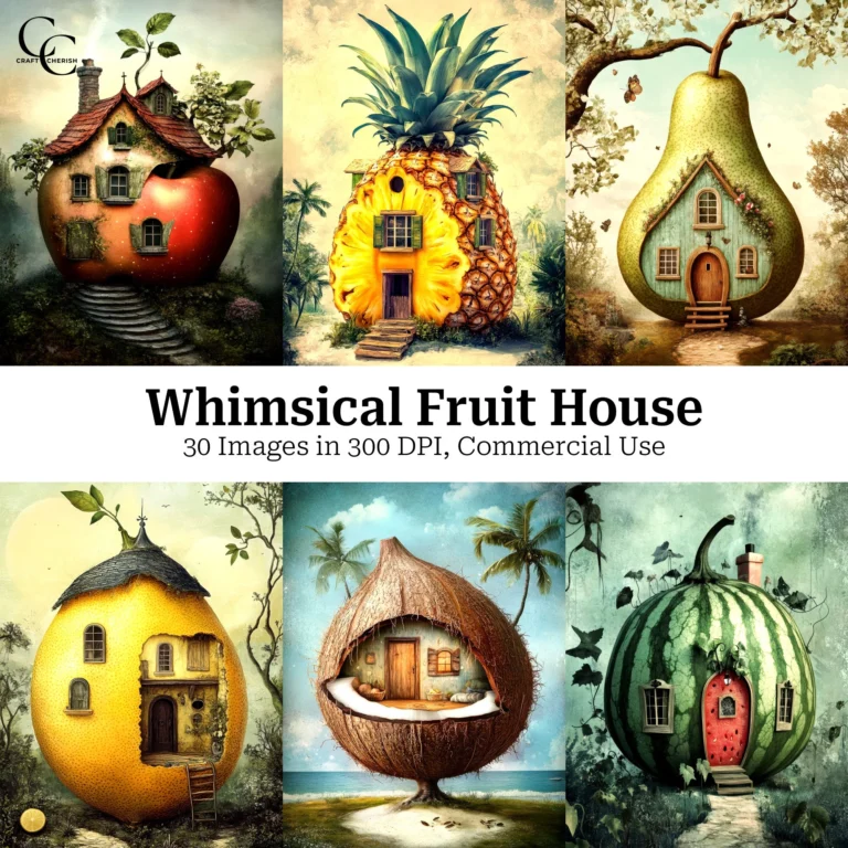 Whimsical Fruit House Printable Art, Fantasy Cottage Digital Images for Junk Journals & Paper Crafts