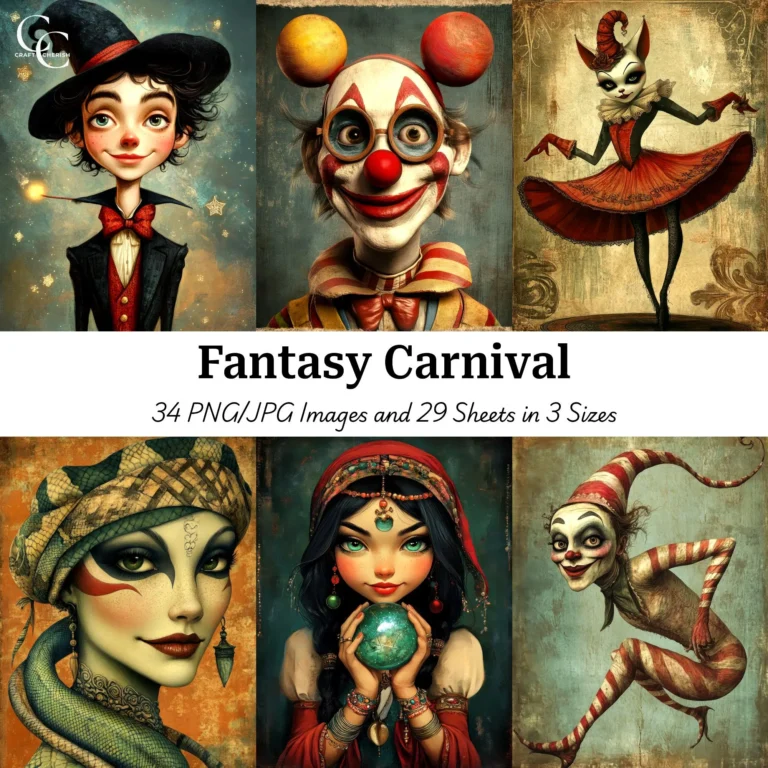 Fantasy Circus Performer Printable Art – Whimsical Carnival Character Images for Junk Journals & Crafts