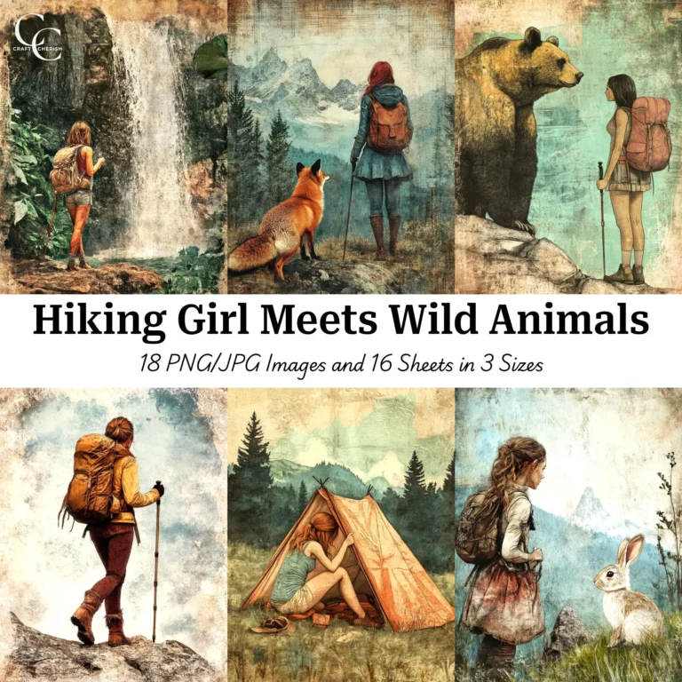 Hiking Girl & Wild Animals Printable Images – Nature Adventure Junk Journal & Scrapbook Digital Download