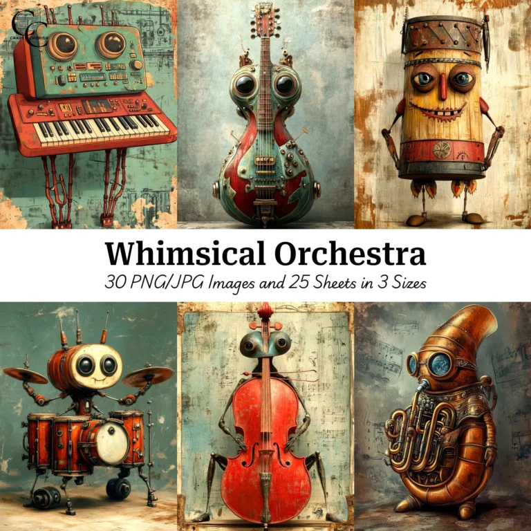 Whimsical Musical Instrument Digital Art Bundle, 30 Printable Images for Junk Journals & Paper Crafts