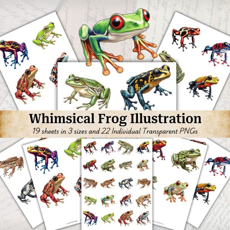 Frog Illustrations, Vintage Ephemera PNGs, Whimsical Frog Clipart for Junk Journals, Scrapbook Printable, Transparent Digital Download