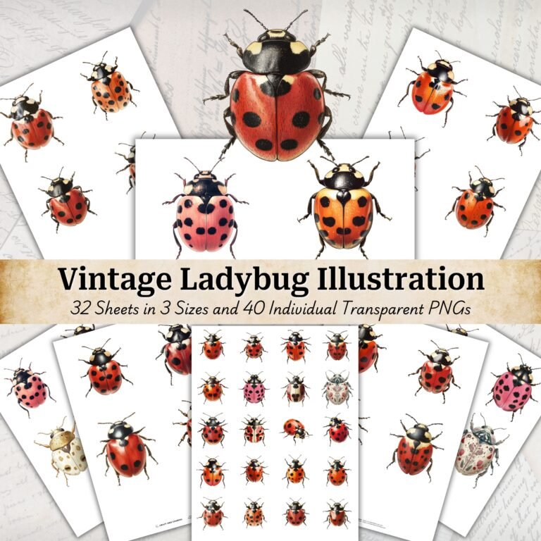 Vintage Ladybug Illustrations, PNG Clipart Bundle, Whimsical Ladybug Ephemera for Junk Journals, Scrapbook Collage Printable, Transparent Digital Download