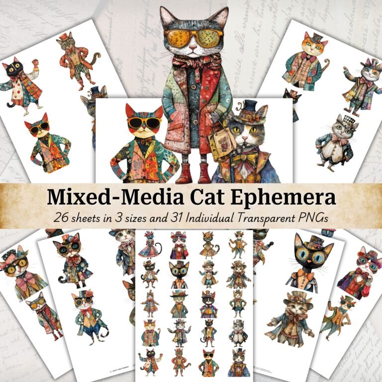 Whimsical Cat Portrait Ephemera, Mixed-Media Fussy Cut PNGs, Vintage Cat Clipart for Junk Journals, Scrapbook Printable, Transparent Digital Download