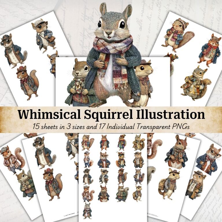 Squirrel Fussy Cut PNG, Whimsical Squirrel Portrait Illustrations, Cottagecore Junk Journal Ephemera, Scrapbook Printable, Digital Download