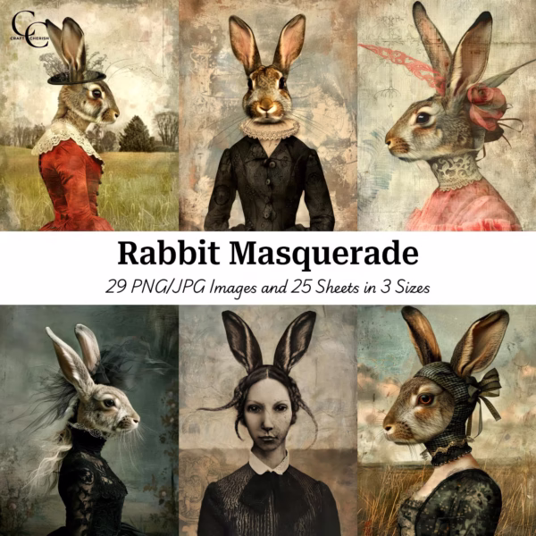 Rabbit Masquerade Gothic Woman Digital Art, 29 Surreal Dark Whimsical Images for Junk Journals
