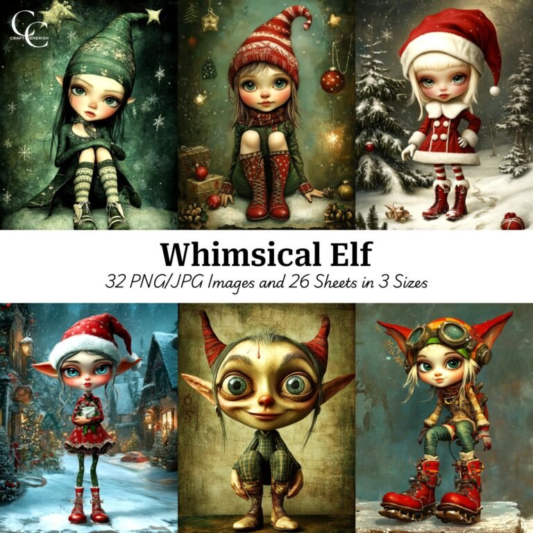 Whimsical Christmas Elf Printable Images: 32 Quirky Festive Portraits for Junk Journals, Scrapbooking and Paper Crafting — Digital Download