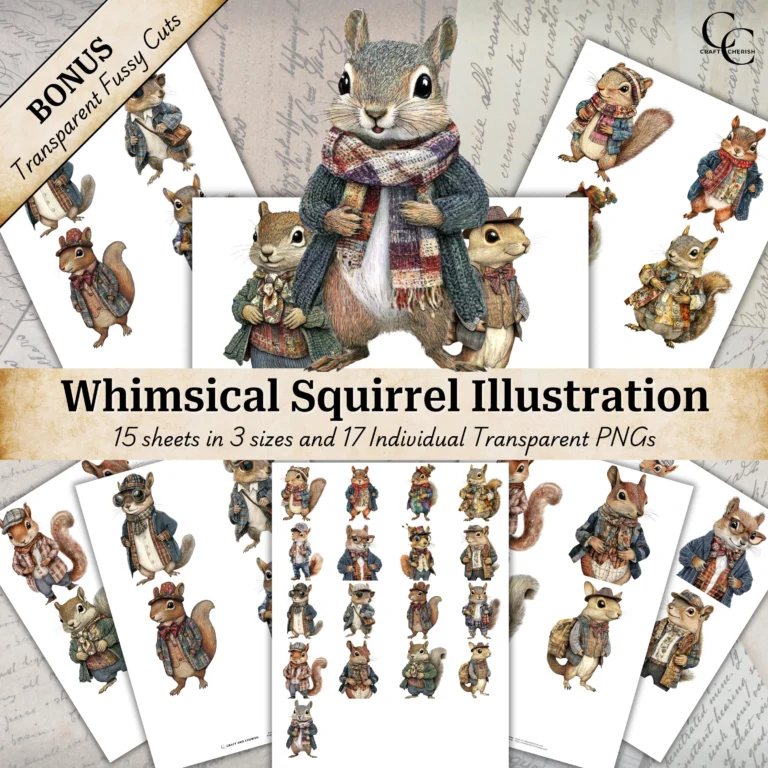 Squirrel Fussy Cut PNG, Whimsical Squirrel Portrait Illustrations, Cottagecore Junk Journal Ephemera, Scrapbook Printable, Digital Download