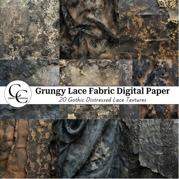 Grungy Dark Lace Fabric Digital Paper, Gothic Distressed Lace Textures for Junk Journals