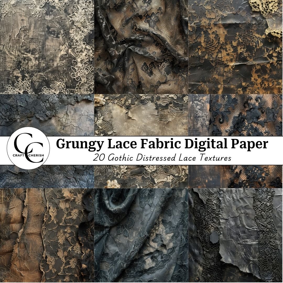Grungy Dark Lace Fabric Digital Paper, Gothic Distressed Lace Textures for Junk Journals