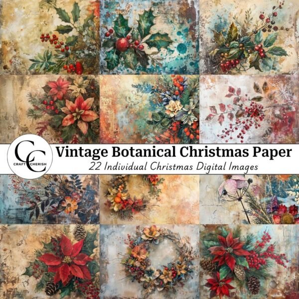 Vintage Christmas Junk Journal Paper, Festive Botanical Foliage Backgrounds for Scrapbooks