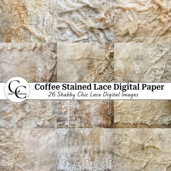 Coffee Stained Lace Paper, Vintage Fabric Backgrounds for Junk Journals, Shabby Chic Lace Printable
