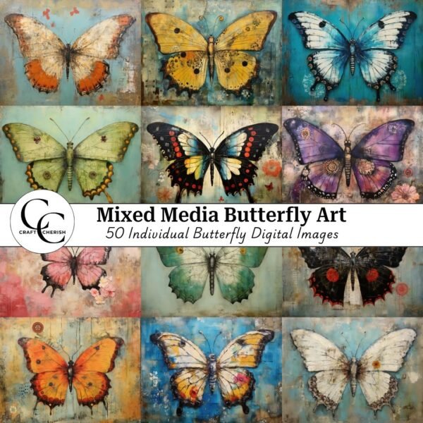 Whimsical Butterfly Mixed Media Images, Colourful Butterfly Printables for Junk Journals