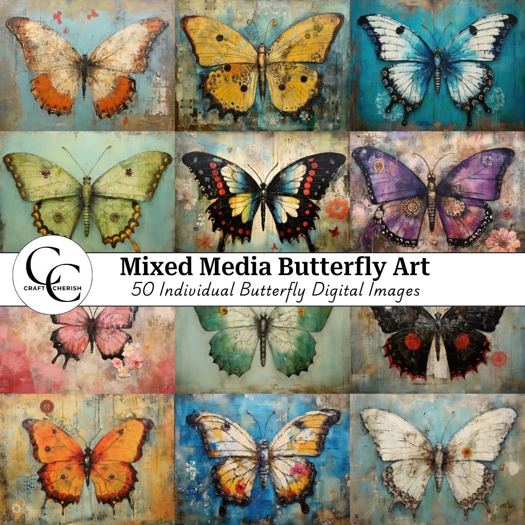 Whimsical Butterfly Mixed Media Images, Colourful Butterfly Printables for Junk Journals