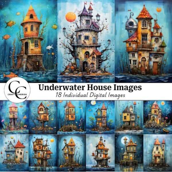Underwater House Printable Images, Whimsical Ocean Abode Art for Junk Journals