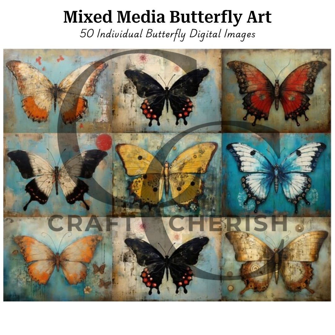 Whimsical Butterfly Mixed Media Images, Colourful Butterfly Printables for Junk Journals – image 2